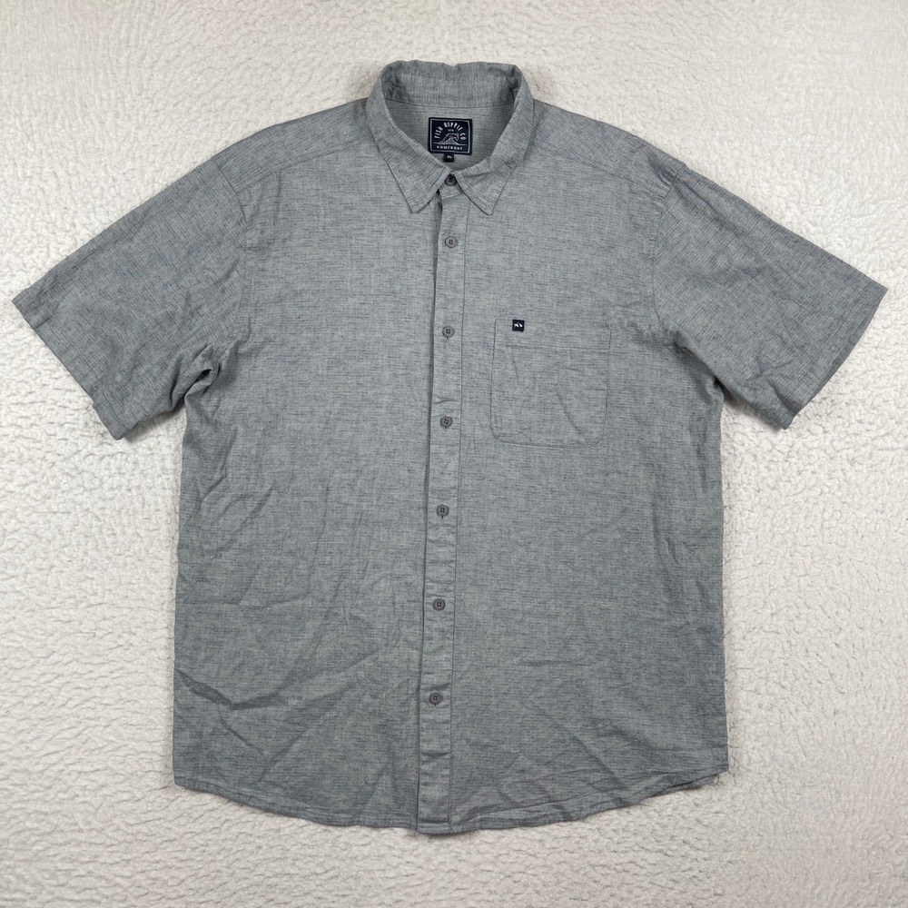 Fish Hippie Co Button Down Shirt Mens XL Grey Linen Blend Rumfront Short Sleeve
